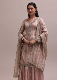 Beautiful Peach Stripe Embroidered Kurta With Organza Skirt And Lace Dupatta