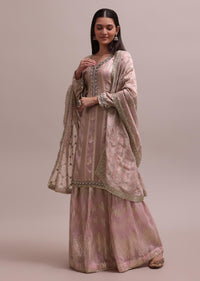 Beautiful Peach Stripe Embroidered Kurta With Organza Skirt And Lace Dupatta