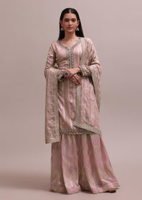 Beautiful Peach Stripe Embroidered Kurta With Organza Skirt And Lace Dupatta