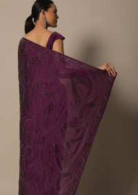 Beautiful Wine Satin Saree With Unstitched Blouse