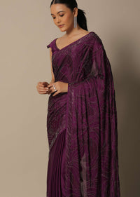 Beautiful Wine Satin Saree With Unstitched Blouse