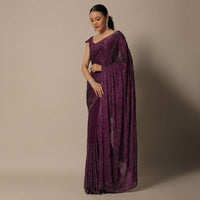 Beautiful Wine Satin Saree With Unstitched Blouse