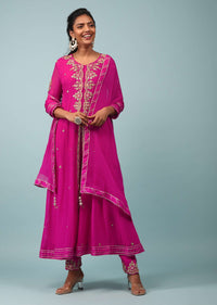 Beetroot Pink Embroidered Anarkali Suit In Georgette