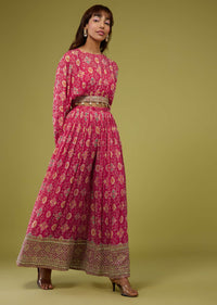 Cherry Pink Patola Print Crop Top And Palazzo Set In Dola Silk