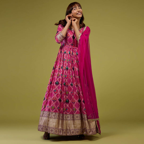 Hot Pink Silk Anarkali Suit With Banarasi Zari Border