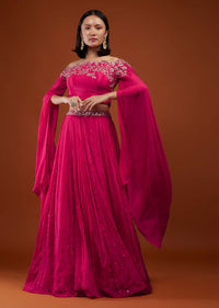 Hot Pink Skirt And Crop-Top In Chinon With Embroidery