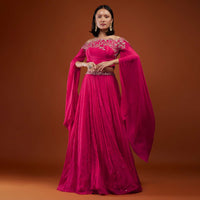 Hot Pink Skirt And Crop-Top In Chinon With Embroidery