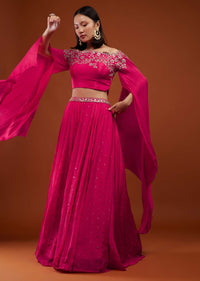 Hot Pink Skirt And Crop-Top In Chinon With Embroidery