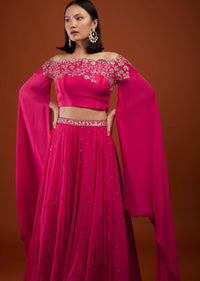 Hot Pink Skirt And Crop-Top In Chinon With Embroidery