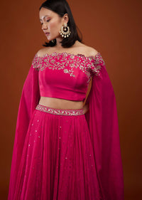 Hot Pink Skirt And Crop-Top In Chinon With Embroidery
