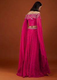 Hot Pink Skirt And Crop-Top In Chinon With Embroidery
