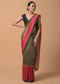 Beige And Back Saree With Checks Print And Contrast Bright Orange And Pink Printed Border Online - Kalki Fashion