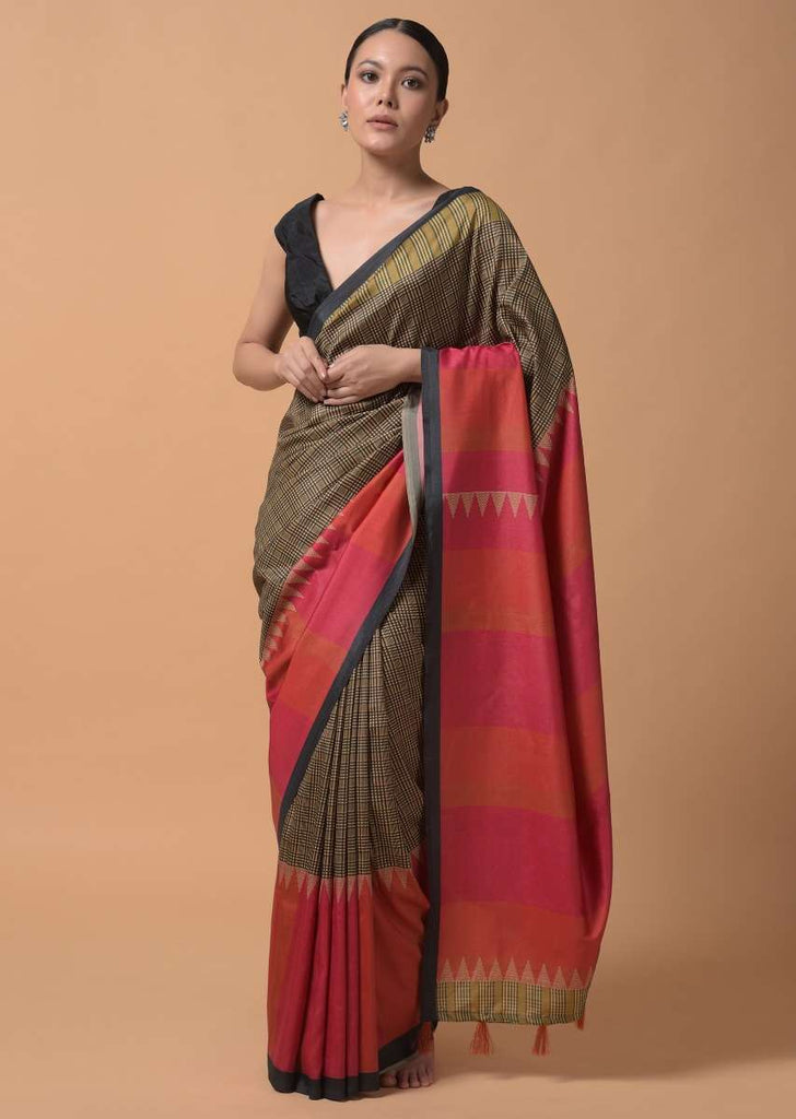 Beige And Back Saree With Checks Print And Contrast Bright Orange And Pink Printed Border Online - Kalki Fashion