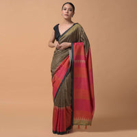 Beige And Back Saree With Checks Print And Contrast Bright Orange And Pink Printed Border Online - Kalki Fashion