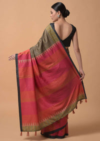 Beige And Back Saree With Checks Print And Contrast Bright Orange And Pink Printed Border Online - Kalki Fashion