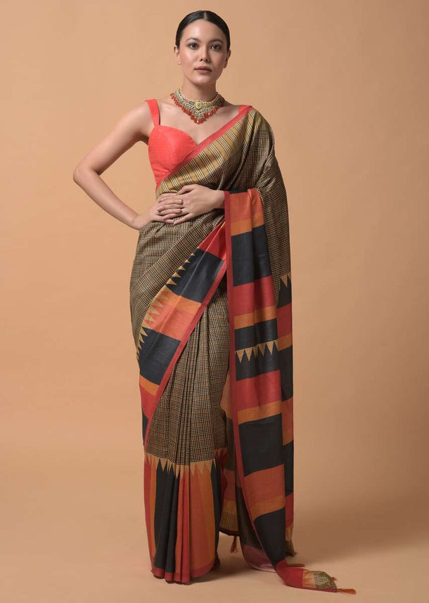 Beige And Back Saree With Checks Print And Contrast Orange And Black Printed Border Online - Kalki Fashion