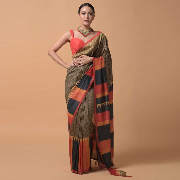 Beige And Back Saree With Checks Print And Contrast Orange And Black Printed Border Online - Kalki Fashion