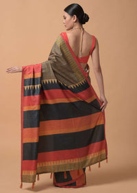 Beige And Back Saree With Checks Print And Contrast Orange And Black Printed Border Online - Kalki Fashion