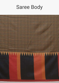 Beige And Back Saree With Checks Print And Contrast Orange And Black Printed Border Online - Kalki Fashion