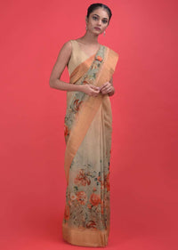 Beige And Green Ombre Saree In Cotton Silk With Printed Floral Pattern And Kundan Work Online - Kalki Fashion