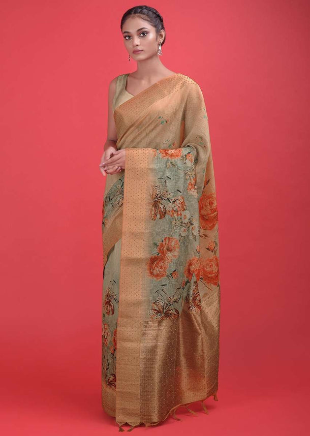 Beige And Green Ombre Saree In Cotton Silk With Printed Floral Pattern And Kundan Work Online - Kalki Fashion