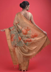 Beige And Green Ombre Saree In Cotton Silk With Printed Floral Pattern And Kundan Work Online - Kalki Fashion