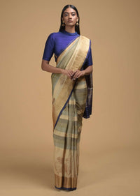 Beige And Grey Pure Handloom Saree In Tussar Silk With Stripes And Woven Floral Border Online - Kalki Fashion