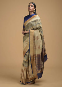 Beige And Grey Pure Handloom Saree In Tussar Silk With Stripes And Woven Floral Border Online - Kalki Fashion