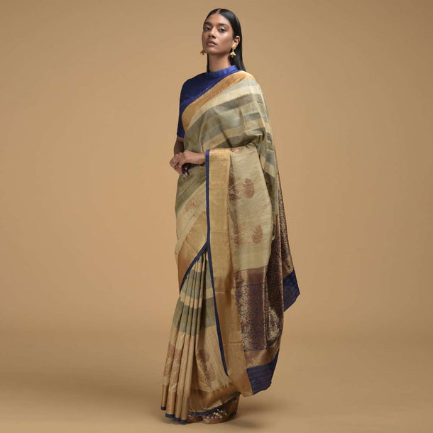 Beige And Grey Pure Handloom Saree In Tussar Silk With Stripes And Woven Floral Border Online - Kalki Fashion