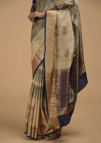 Beige And Grey Pure Handloom Saree In Tussar Silk With Stripes And Woven Floral Border Online - Kalki Fashion