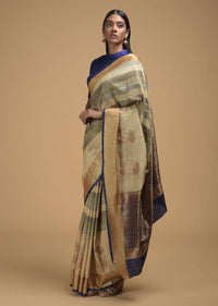 Beige And Grey Pure Handloom Saree In Tussar Silk With Stripes And Woven Floral Border Online - Kalki Fashion