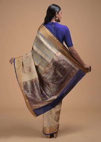 Beige And Grey Pure Handloom Saree In Tussar Silk With Stripes And Woven Floral Border Online - Kalki Fashion