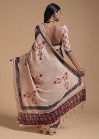 Beige And Maroon Saree In Cotton With Block Printed Jaal Design Online - Kalki Fashion