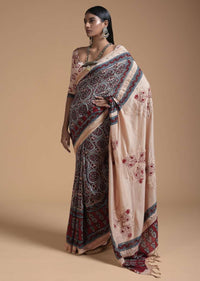 Beige And Maroon Saree In Cotton With Block Printed Jaal Design Online - Kalki Fashion