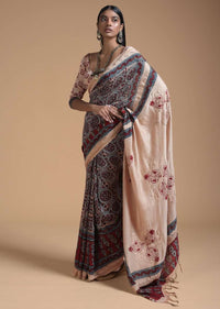 Beige And Maroon Saree In Cotton With Block Printed Jaal Design Online - Kalki Fashion