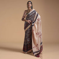 Beige And Maroon Saree In Cotton With Block Printed Jaal Design Online - Kalki Fashion