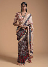 Beige And Maroon Saree In Cotton With Block Printed Jaal Design Online - Kalki Fashion