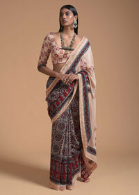 Beige And Maroon Saree In Cotton With Block Printed Jaal Design Online - Kalki Fashion