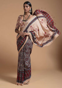 Beige And Maroon Saree In Cotton With Block Printed Jaal Design Online - Kalki Fashion