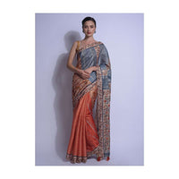 Beige And Orange Half And Half Saree In Silk With Geometric, Stripes And Floral Print  Online - Kalki Fashion