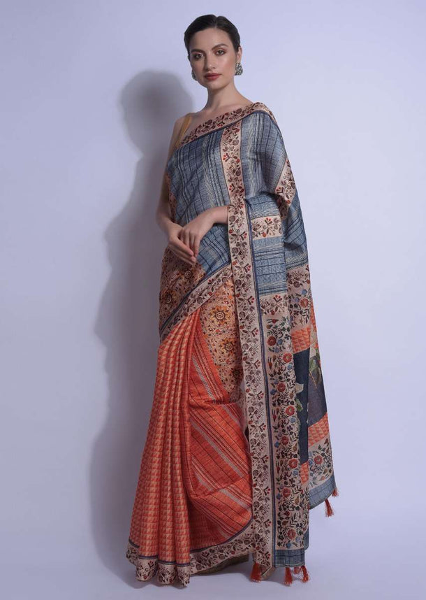 Beige And Orange Half And Half Saree In Silk With Geometric, Stripes And Floral Print  Online - Kalki Fashion