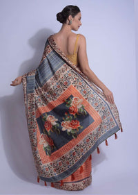 Beige And Orange Half And Half Saree In Silk With Geometric, Stripes And Floral Print  Online - Kalki Fashion