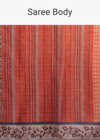 Beige And Orange Half And Half Saree In Silk With Geometric, Stripes And Floral Print  Online - Kalki Fashion