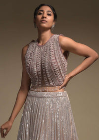 Beige And Taupe Shaded Skirt In Net With Sequins Work And Embellished Sleeveless Crop Top
