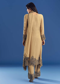 Beige Asymmetrical Georgette Beaded Kurta Pant Set With Dupatta