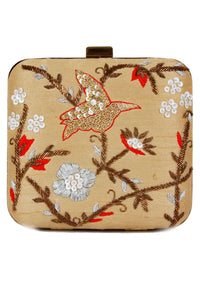 Beige Box Clutch With Hand Embroidered Zardozi and Sequins In Bird And Floral Design Online - Kalki Fashion