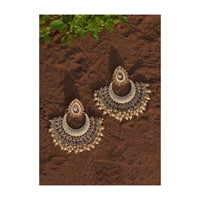 Beige Chandbalis With Carved Design, Drop Shape Crystals And Dangling Pearls Online - Kalki Fashion