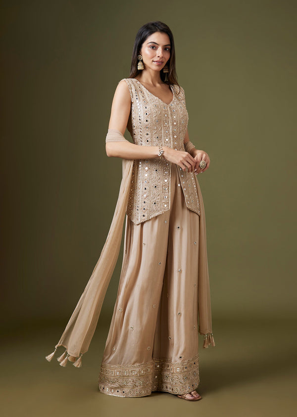 Champagne Gold Front Slit Palazzo Set With Mirror Cut Dana Embellishments