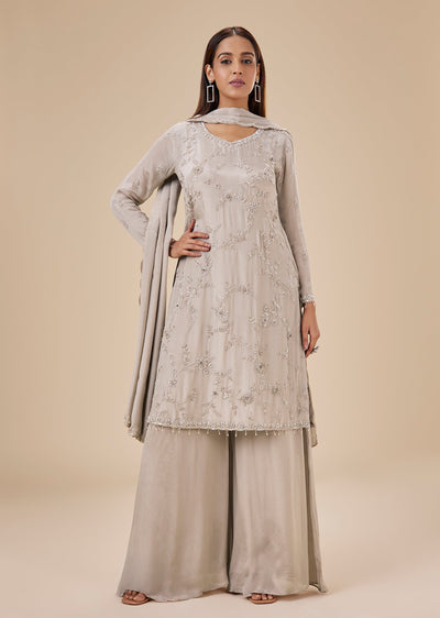 Beige Chinon Sequin Embroidered Sharara Suit Set