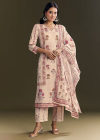 Beige Cotton Block Print Kurta Set With Printed Dupatta